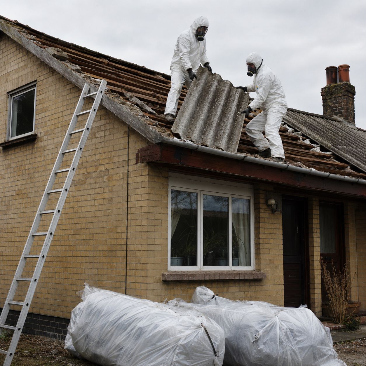 Certified asbestos abatement team removing asbestos roof tiles from residential property