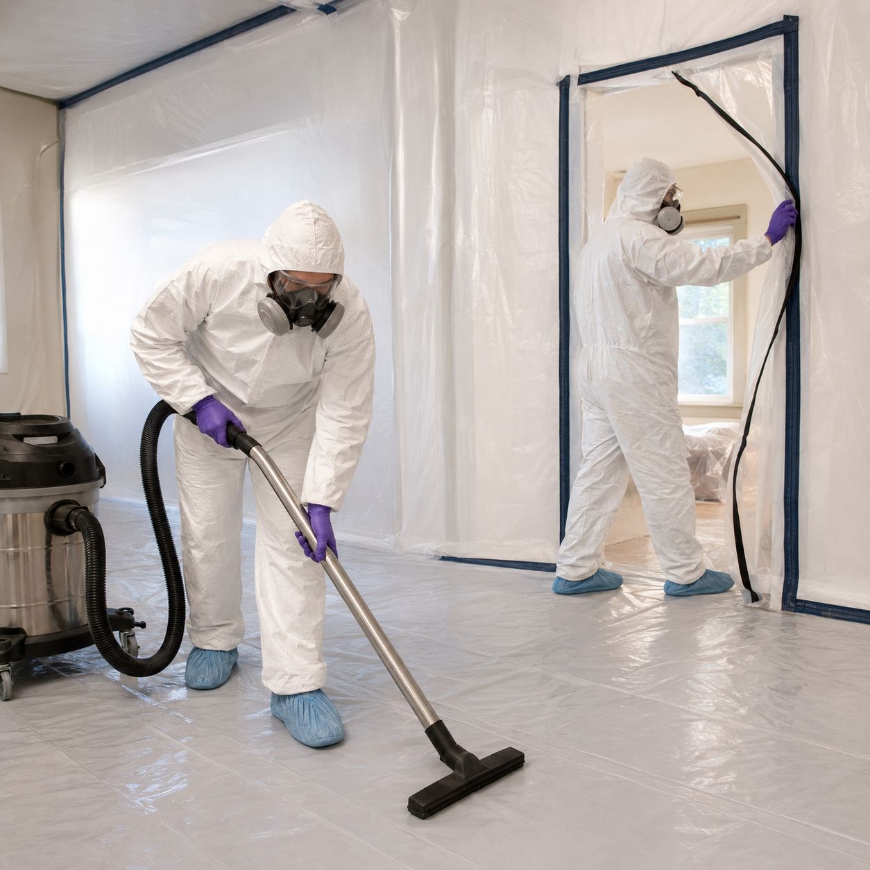 Licensed technicians performing asbestos removal with HEPA vacuum in basement