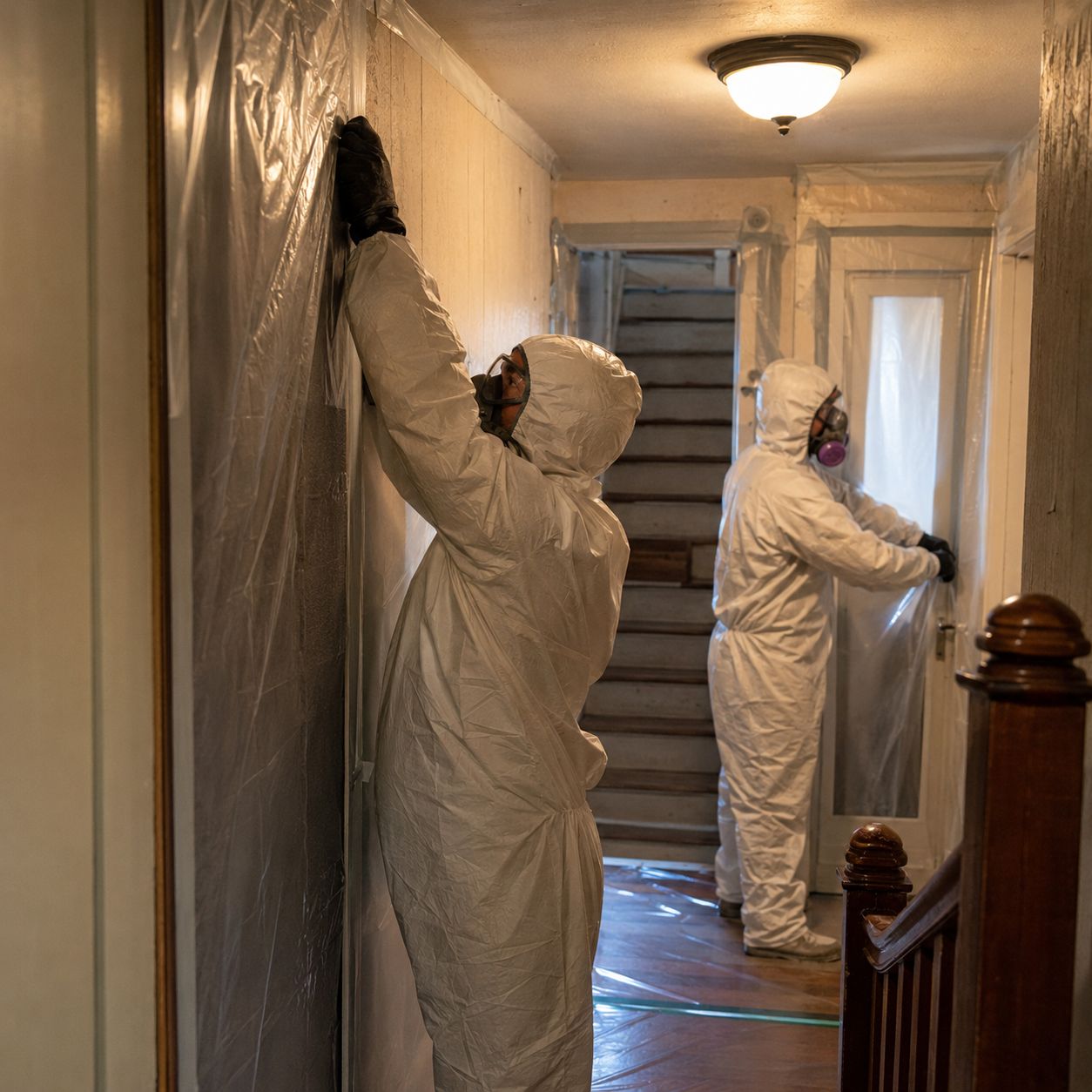 EPA certified specialists sealing containment barrier before asbestos abatement